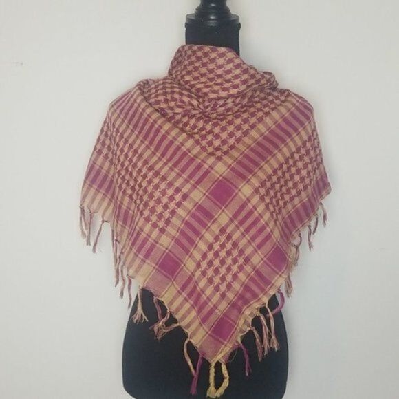 Women's Maroon and tan checkered large wrap Shaw 40x40 scarf new - Picture 2 of 3